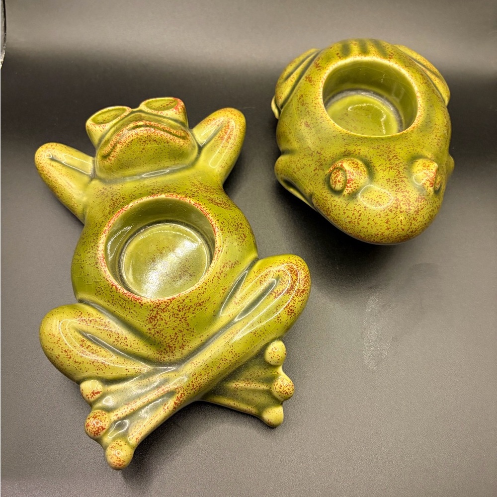 Two Retired PartyLite Green Frog Floating Votive Candle Holders